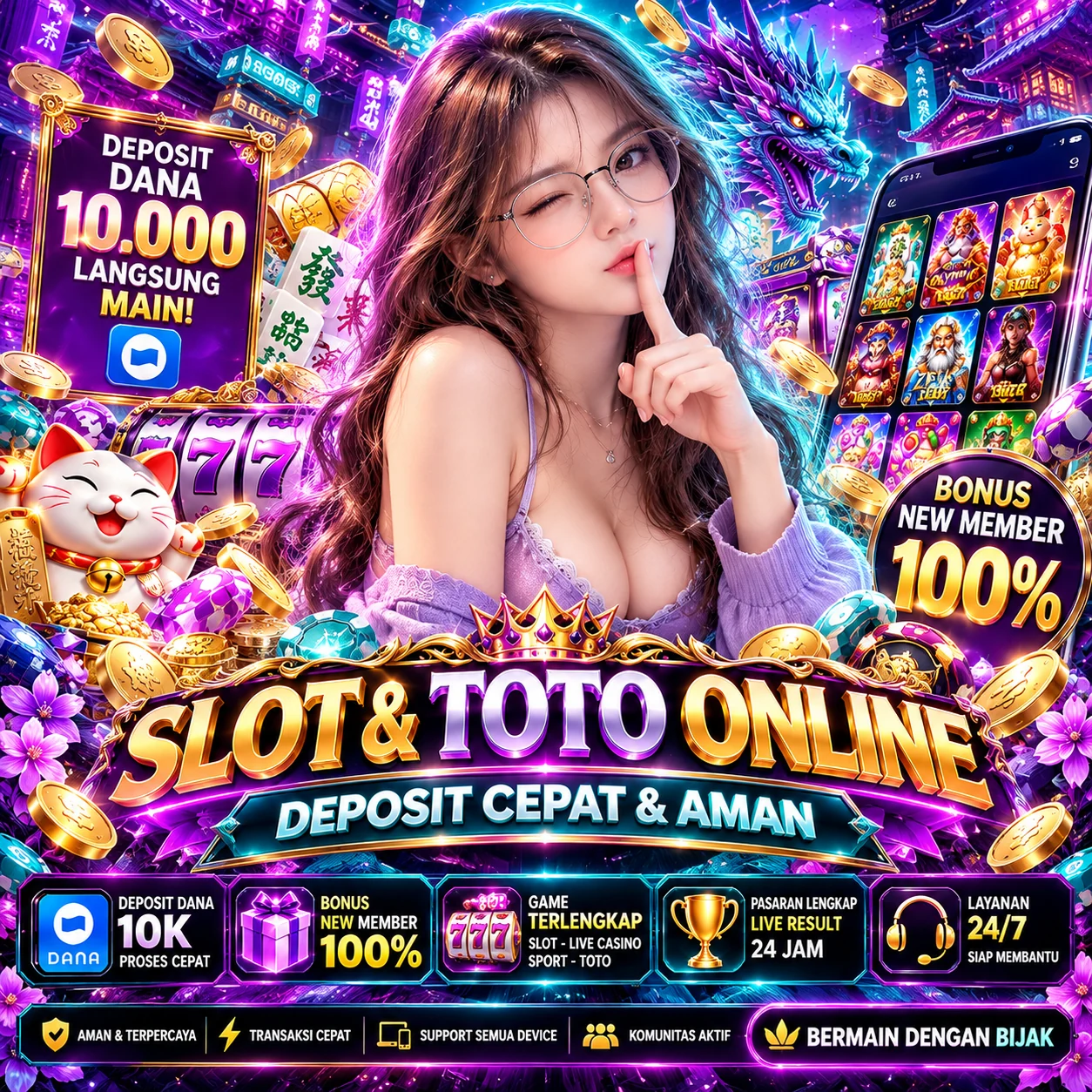 Banner BIMASLOT slot dan toto online warna ungu tosca